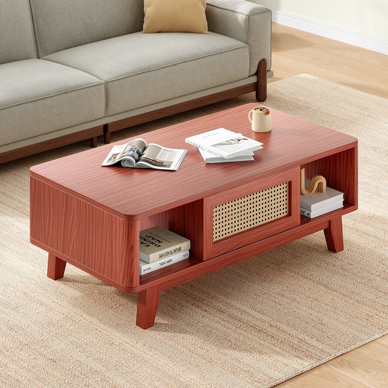 Wooden Cocktail Table Sofa Table, Coffee Table with Rattan Drawer, Modern Accent Table with Wood Legs