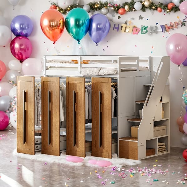 slide 2 of 37, Contemporary Design Twin Loft Bed with Two-Tone Storage Stairs and Large Pull-Out Wardrobes, Smooth Sliding Mechanism, White White