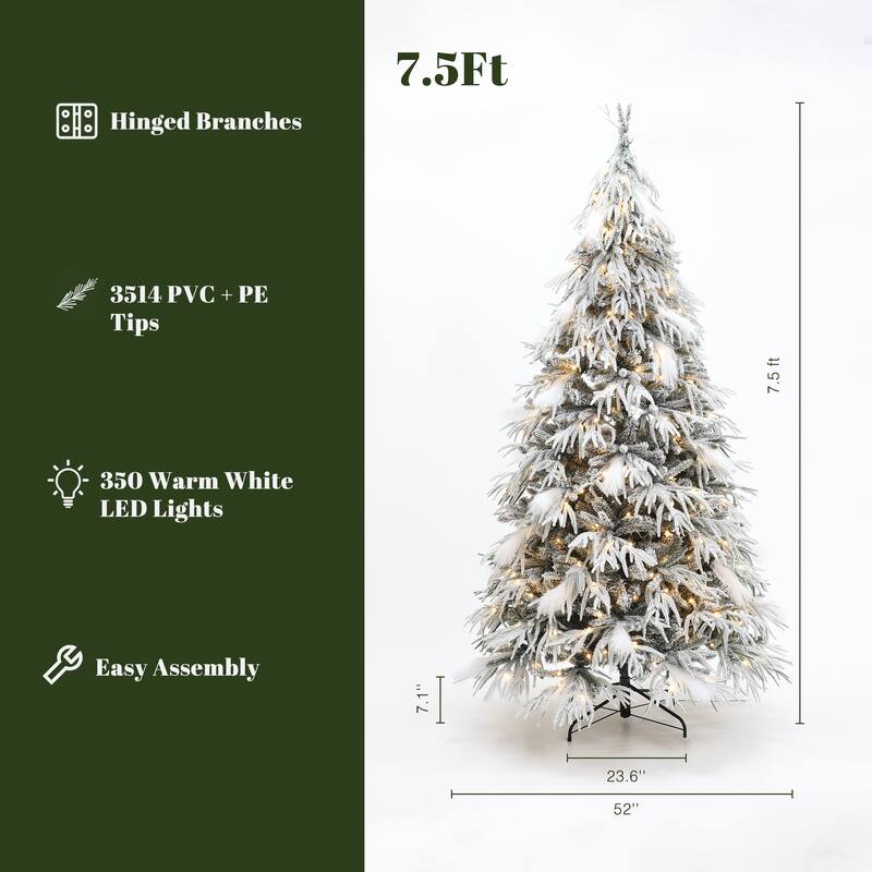 7.5Ft Pre-Lit Hinged Snow Flocked Slender Artificial Christmas Tree - 90" H x 52" Diameter