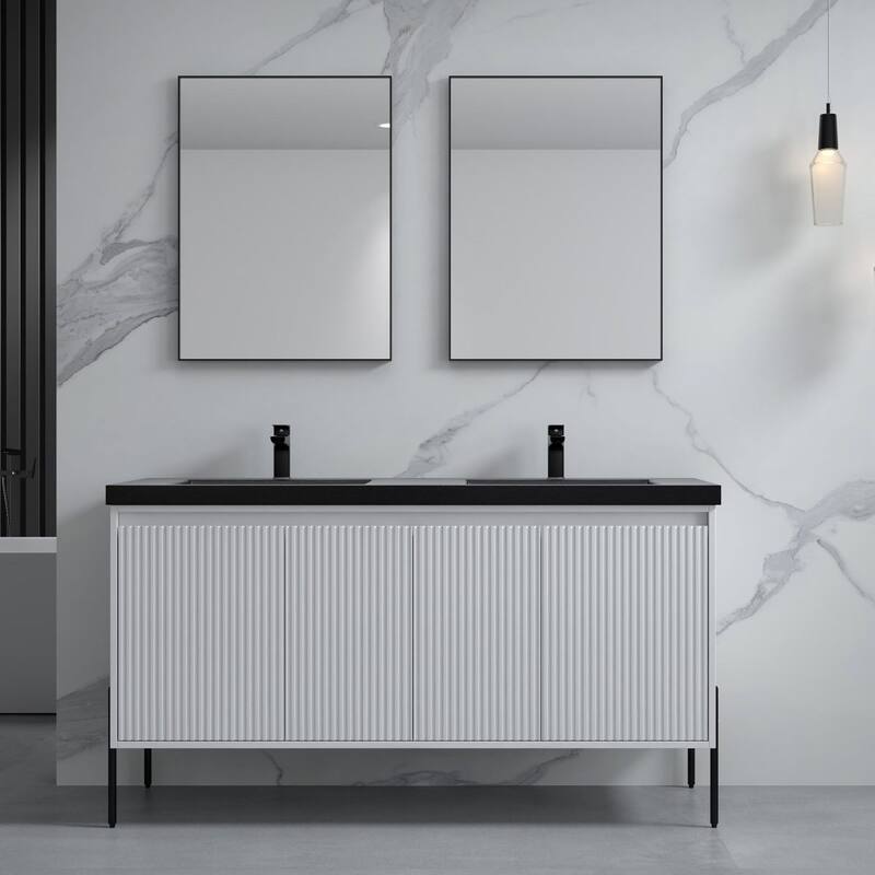 Ripple 60" Bathroom Vanity Set - White - Double Black Sink