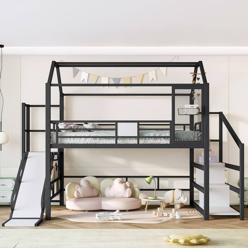 Fun Play House-shaped Loft Bed Metal Bed Frame with Grid and Shelves - Black - Full