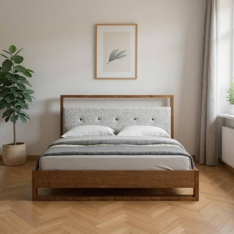HomeRoots Brown and Gray Wood Tufted Upholstered California King Bed Frame