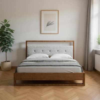 HomeRoots Brown and Gray Wood Tufted Upholstered California King Bed Frame