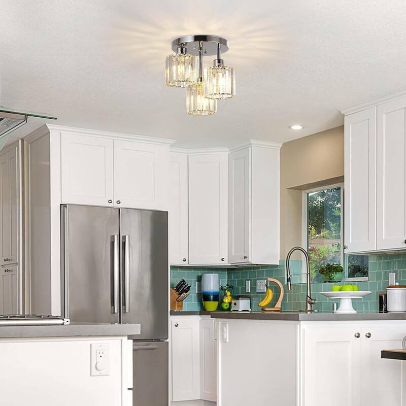 Semi Flush Mount Ceiling,3-Light Kitchen Mount,Hallway Light Fixtures Ceiling with Clear Crystal Shades
