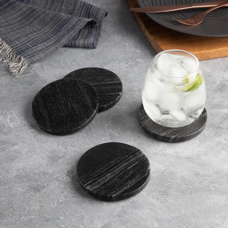 4 Pack Natural Black Marble Round Coasters 4" Diameter Elegant Heat Tolerant