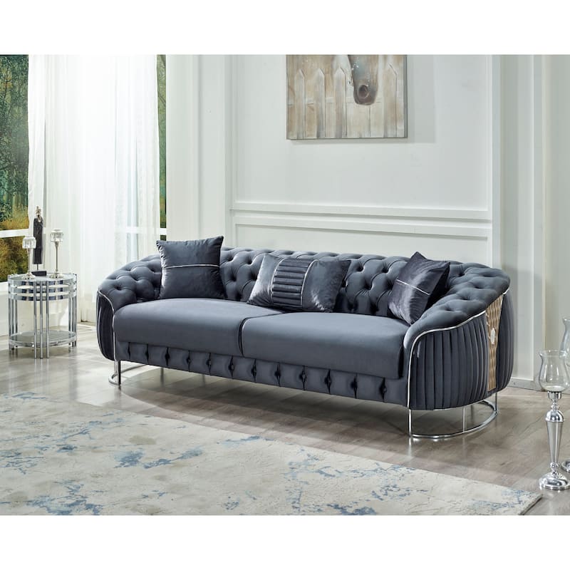 Lunca 89" Wide Metal Leg, Tufted Back Sofa - Dark Grey