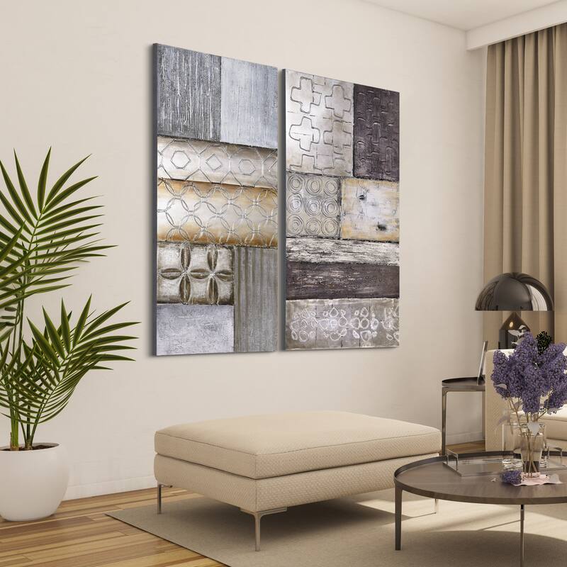 "Stacked" Abstract Textured Metallic Hand Painted Wall Art Set of 2