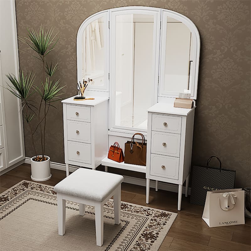 Makeup Vanity Desk with Triple Mirror, 6-Drawers and Stool