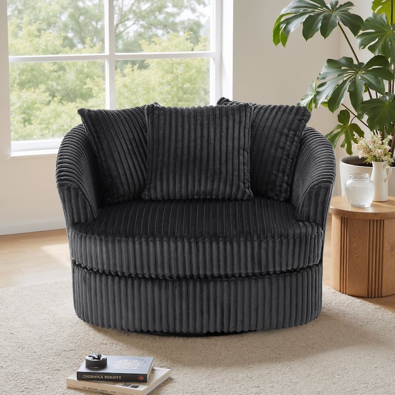 Oversized 43" W Plush Corduroy Recessed Arm Swivel Barrel Chair