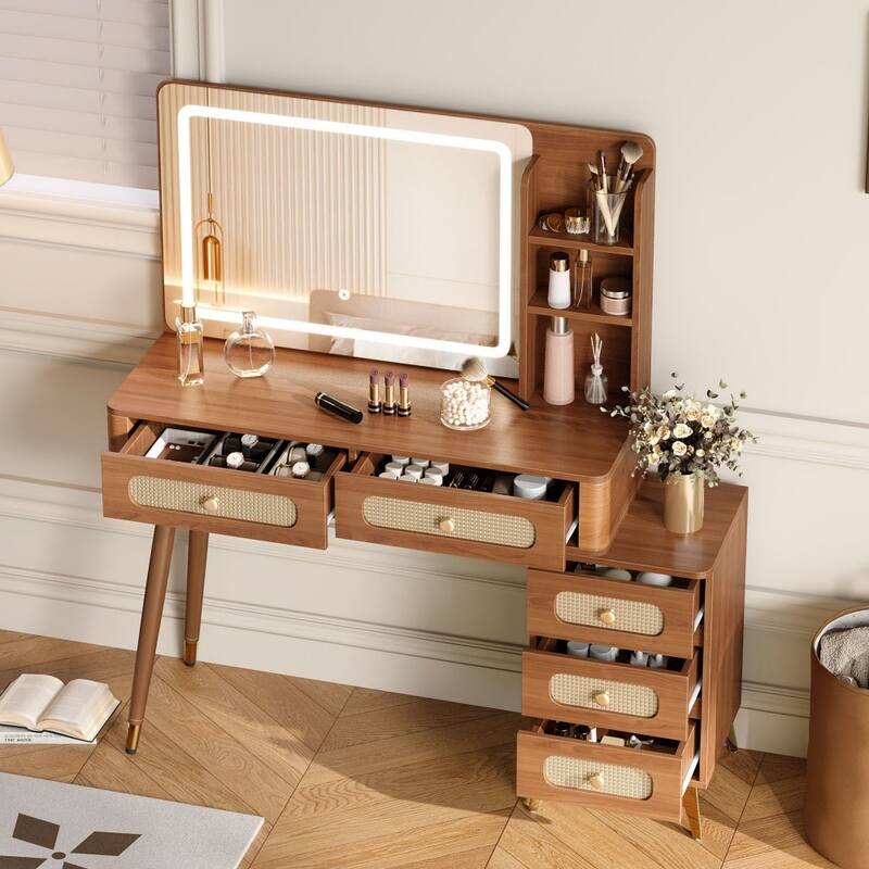 47.24" Rustic Makeup Vanity Desk with Mirror and Adjustable Lights, Rattan Drawers