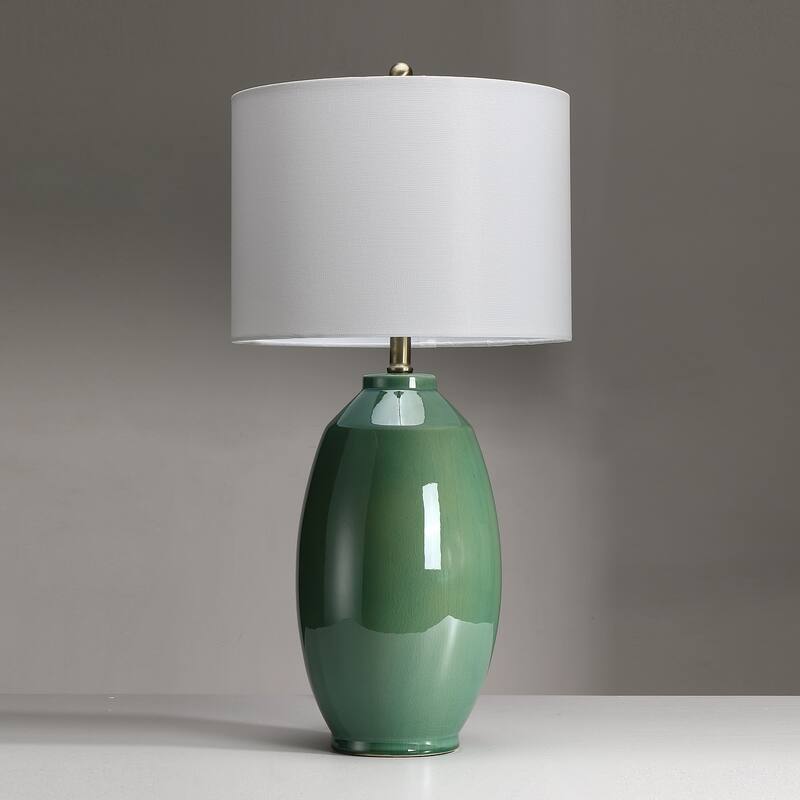Celadon 3-Way Ceramic Table Lamp with White Drum Shade - 26.5 in. H