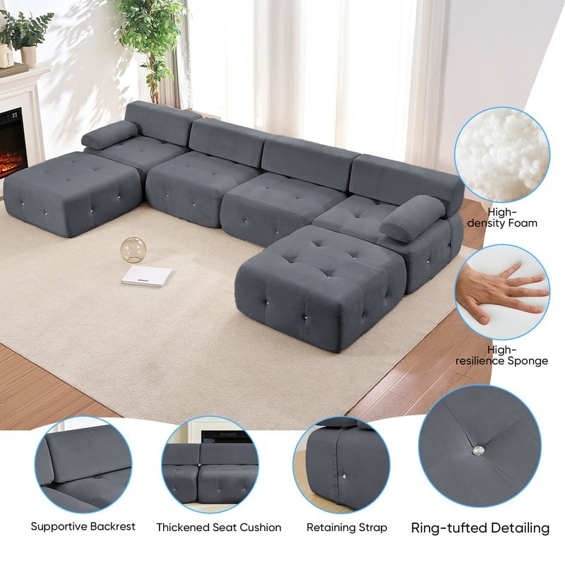 Mixoy Modular 134inch Modular Sectional Sofa with 2 Ottoman,Velvet U-Shaped Couch for Living Room - 133.9"w x 66.9"D x 24.8"H