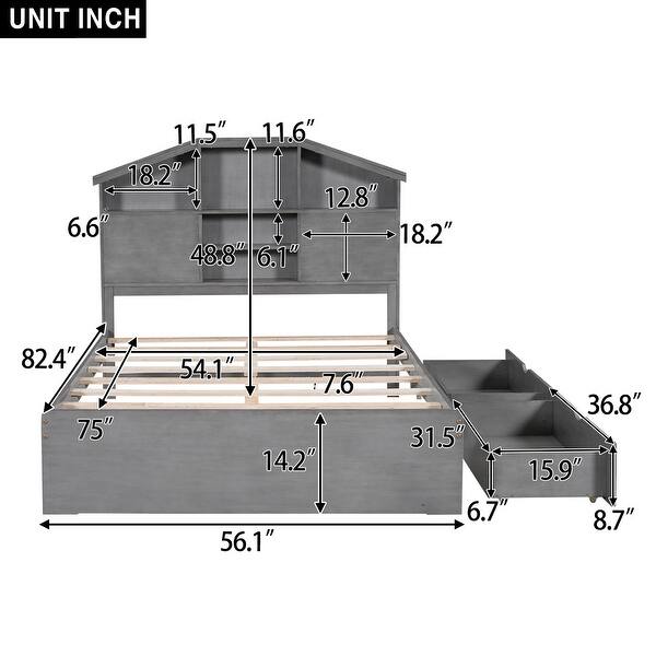 Full Size Wood Platform Bed with House-Shaped Storage Headboard and 2-Drawers, Grey—Sturdy Pine Wood Construction