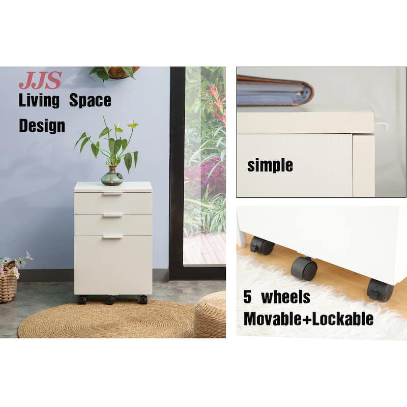 JJS 3 Drawer Rolling Wood File Cabinet with Locking Wheels for A4 or Letter Size