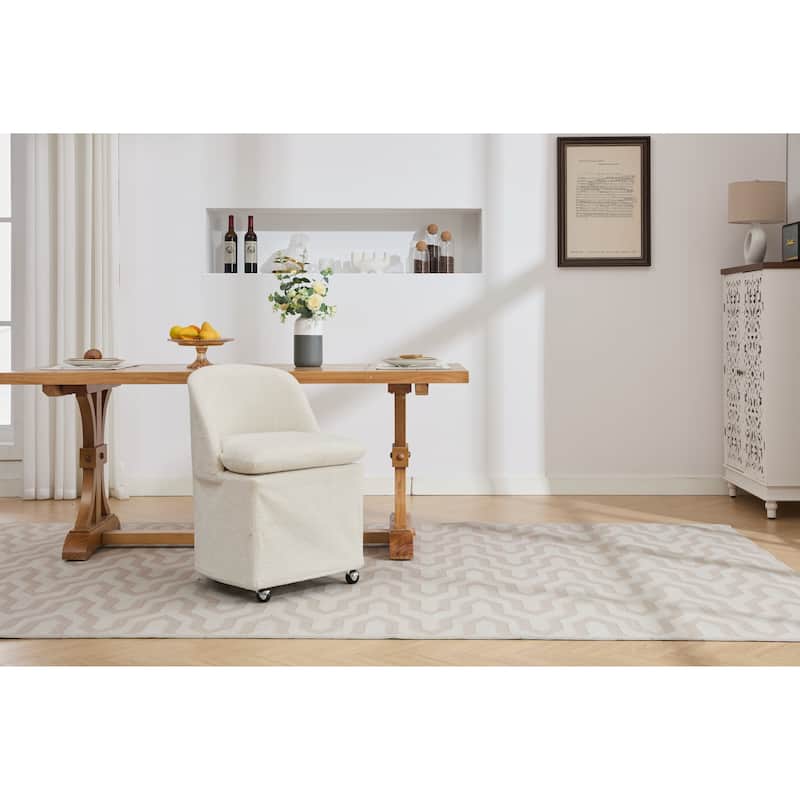 Set of 2 Chenille Fabric Dining Chairs With Universal Wheels,Beige