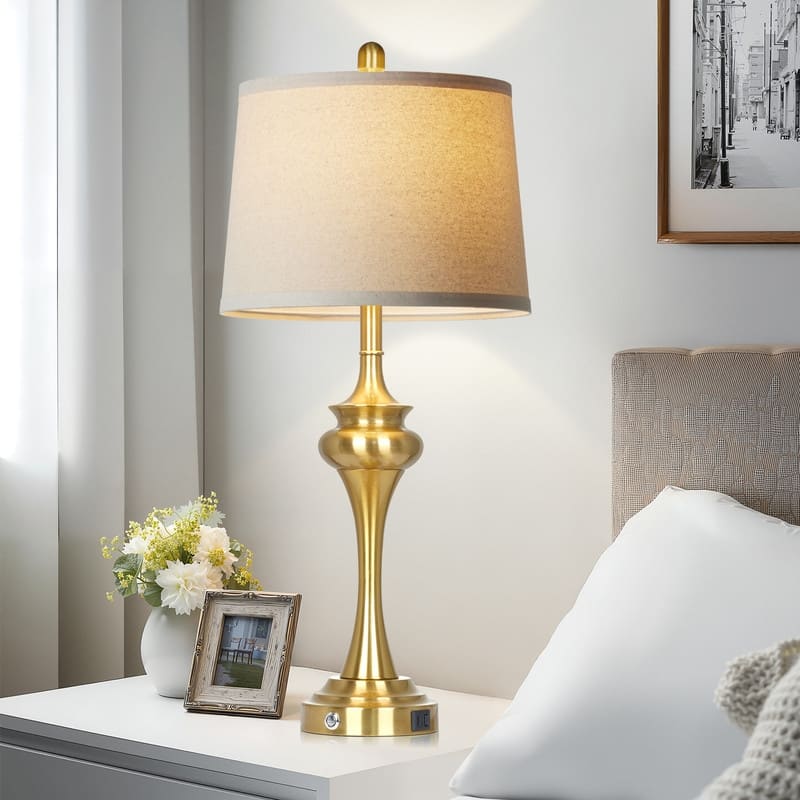 30'' Modern Table Lamps with USB & Type-C Ports, Oatmeal Fabric Shade & Metal Base (Set of 2)