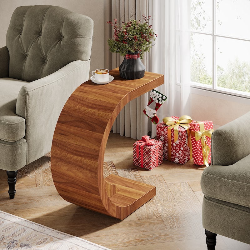 C-Shaped End Table, Wood Side Table for Couch Sofa Living Room