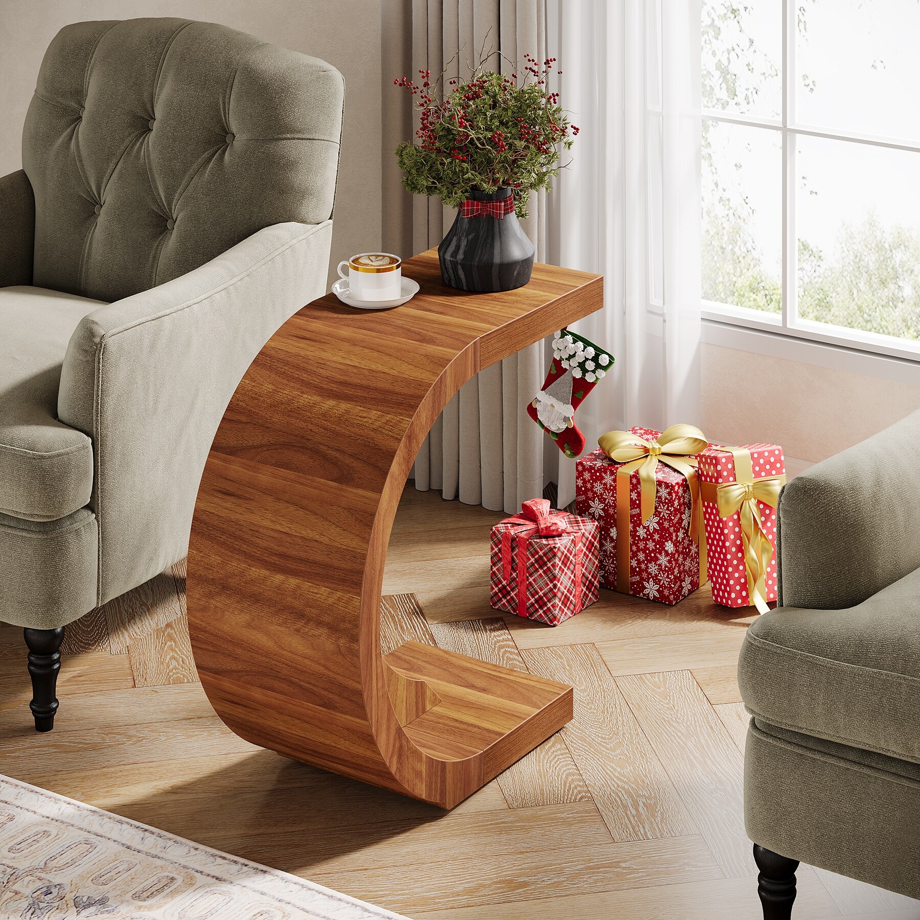 C-Shaped End Table, Wood Side Table for Couch Sofa Living Room