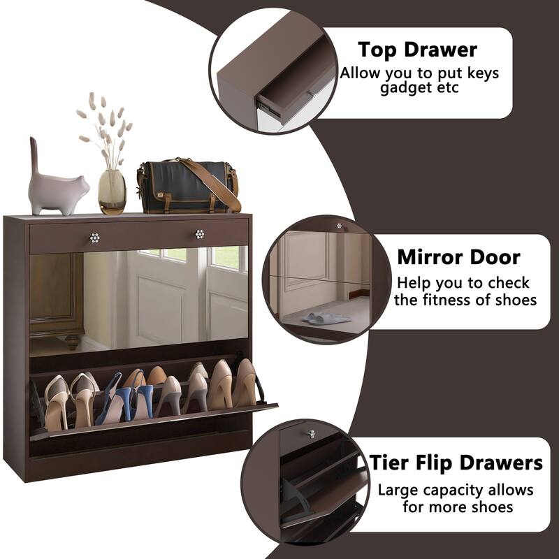Mirror Shoe Cabinet with 2 Tier Drawers, Mirror Shoe Rack With 1 Drawer Storage