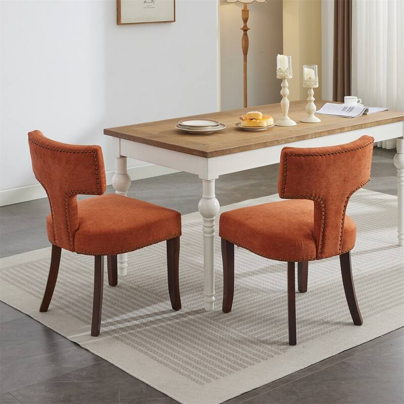 Set of 2 Linen Fabric Upholstered Curved Backrest Accent Dining Chairs