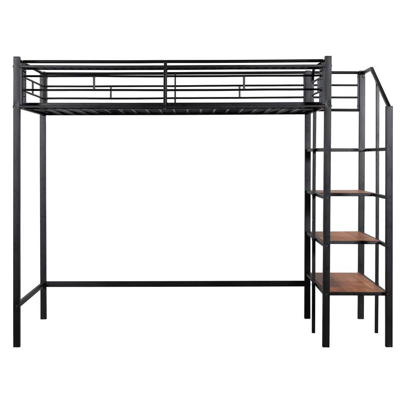 Twin Size Metal Loft Bed with Grid Storage Shelf and 4 Layers Storage Ladder, Heavy Duty Metal Bed Frame, High Loftbed