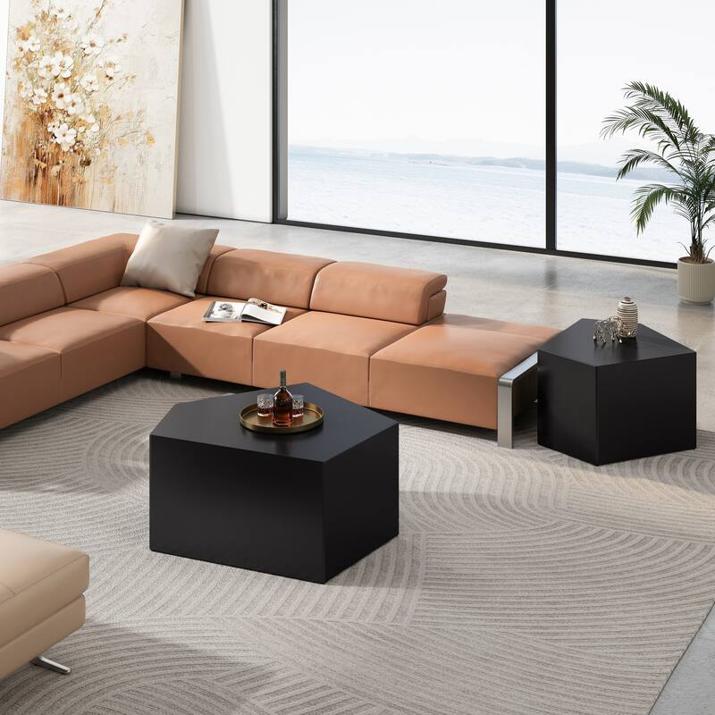 Pentagon Nesting Coffee Table Set, Geometric Center Table Set Set of 2, Irregular Wood Cocktail Table for Living Room
