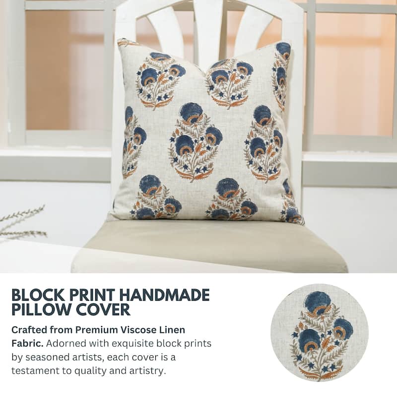 Fabdivine Soft Pillow Cover Shape Floral Block Print for Hotel Couch Spring Guest Room Blue Farmhouse, Mohini
