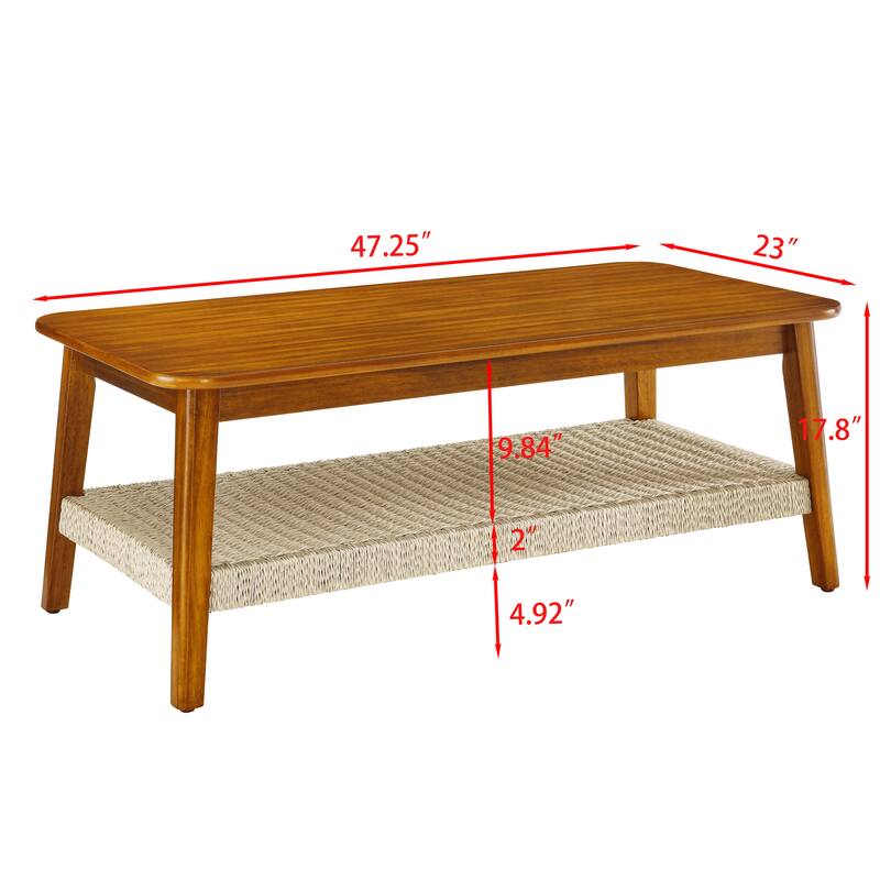 Mid-Century Coffee Table Bohemian Rattan Coffee Table Farmhouse Rectangular Tea Table with Woven Shelves, for Living Room