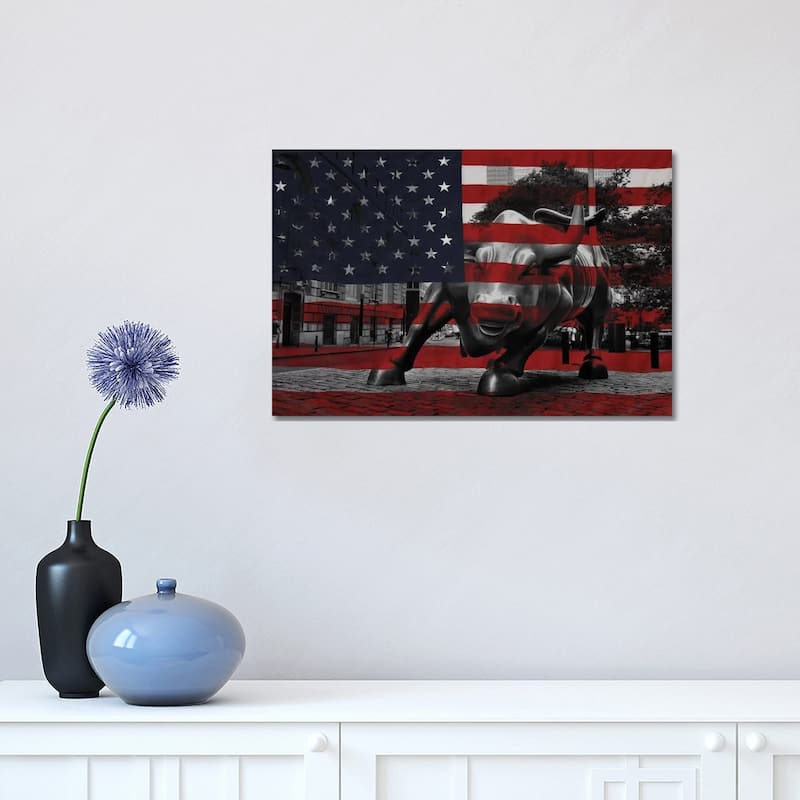 iCanvas "New York - Wall Street Charging Bull, US Flag" by iCanvas Canvas Print - 12x18x1.5