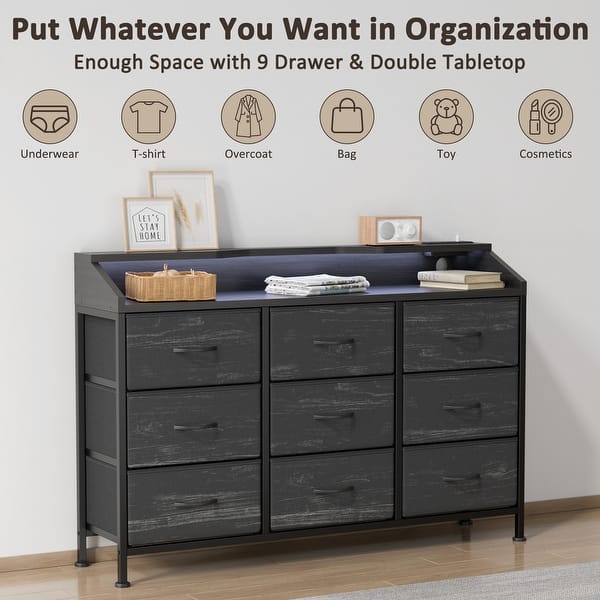 9 Drawers Dresser with LED Lights & Charging Station