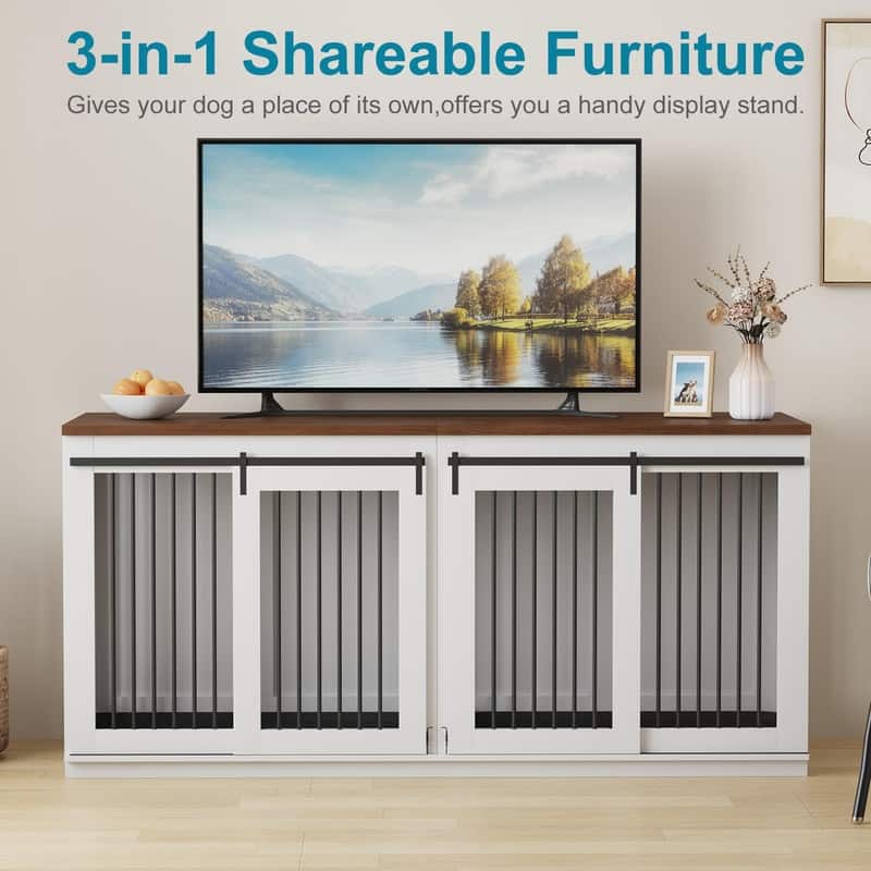 71inch Dual Dog Crate Furniture Heavy Duty Wooden Kennel withSliding Barn Doors Divider TV Stand for Large Breeds