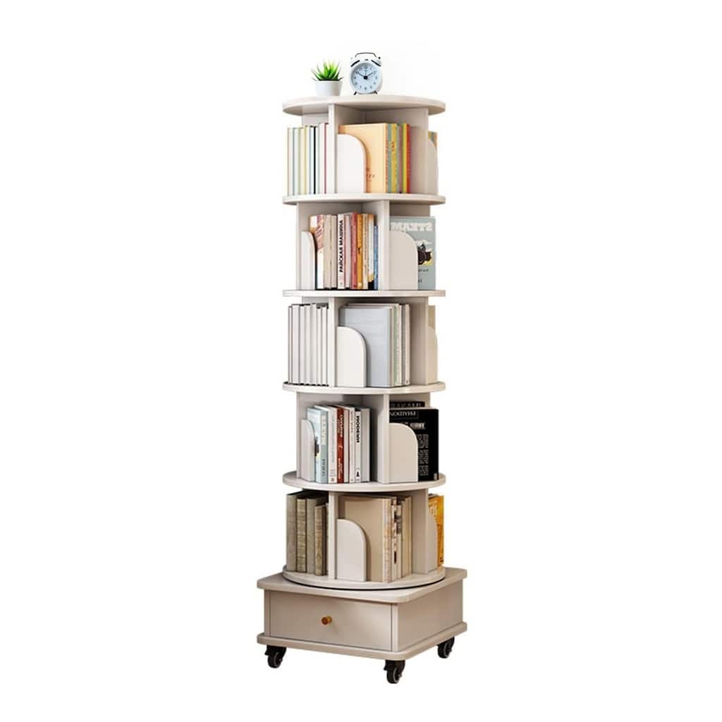 Display Round Spinning Bookshelf with Wheels and Drawer