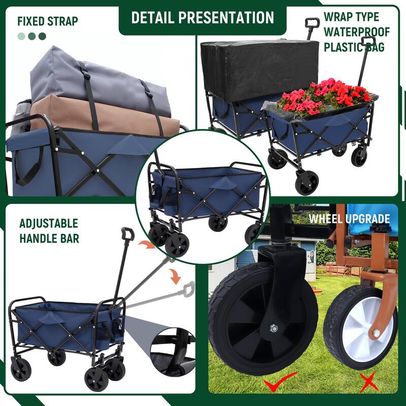 Collapsible Foldable Wagon Cart Beach Wagon Heavy Duty Utility Cart with 3pcs plastic Liner bag /Cover for Camping