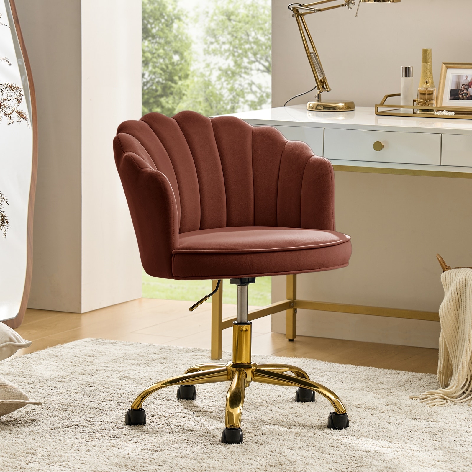 Ramiro Modern Velvet 360 Swivel Height Adjustable Tufted Back Task Chair with Golden Metal base by HULALA HOME