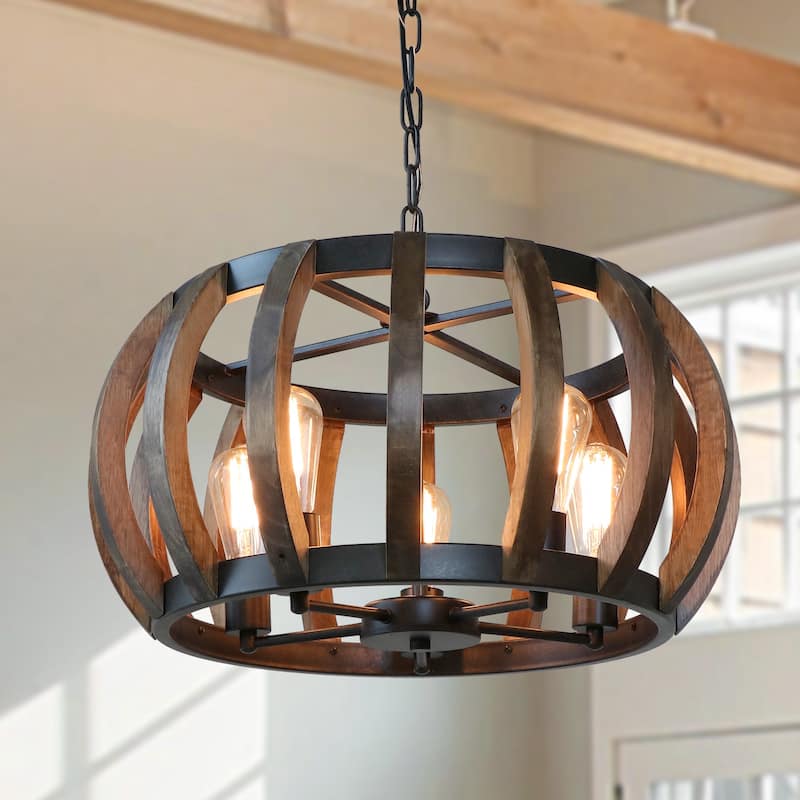 Anmytek 5-Light Modern Farmhouse Wood Chandeliers Drum Pendant Lights for Dining Room - 22" D x 11" H - 22" D x 11" H