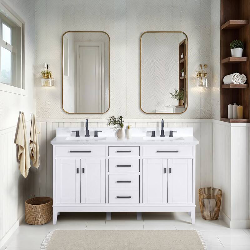 Madison 60 in. Double Sink Bathroom Vanity with Engineered Stone Top - 61" x 22"D x 35"H