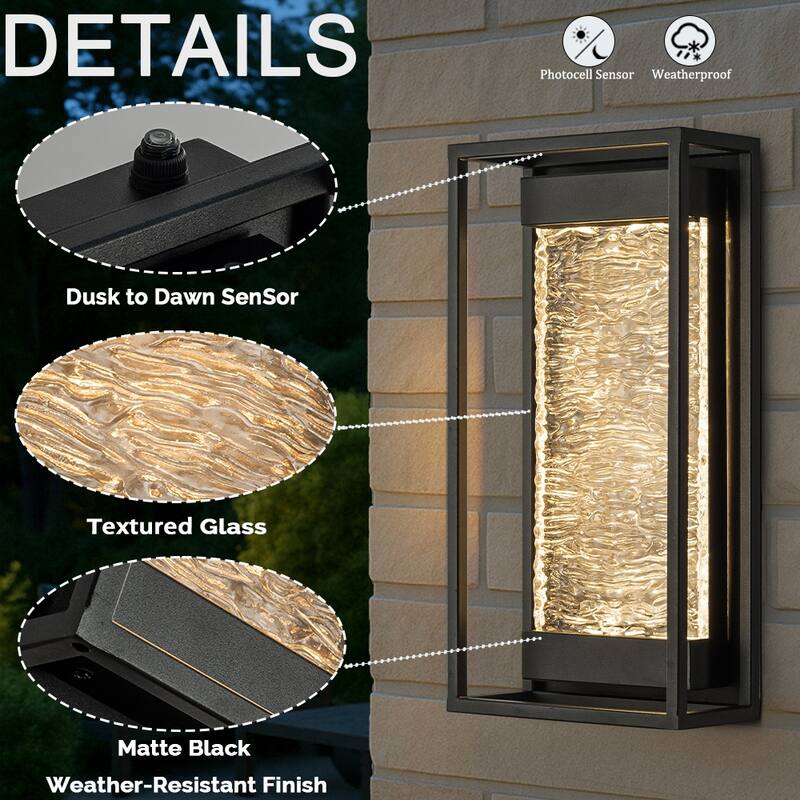 H15" Modern Outdoor Integrated LED Wall Light with Dusk to Dawn Sensor Matte Black Light Fixture with Handcrafted Textured Glass