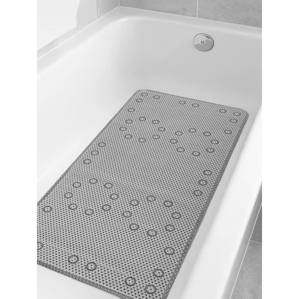 Extra Thick Long Grey Non-Slip Foam Bathtub Shower Mat With Suction Cups Fast Drying - 36" x 17"