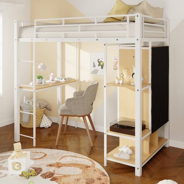 slide 2 of 13, Twin Size Metal Loft Bed with Built-in Wardrobe, Desk and Shelves White