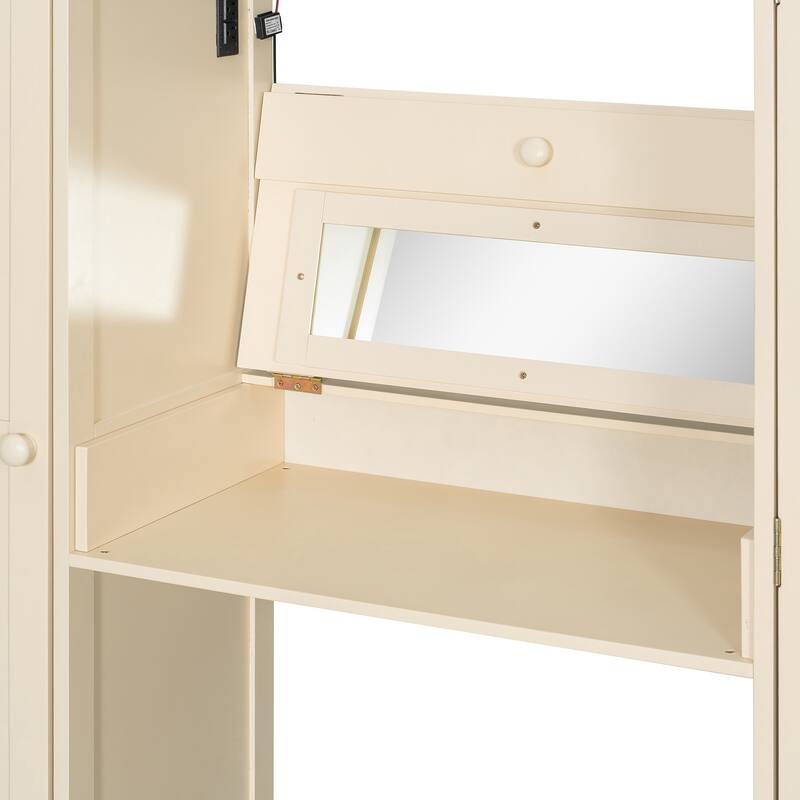 Full Size Loft Bed with Storage Staircase, Built-in Dressing Table, Mirror & Wardrobe - USB Charging & Lights