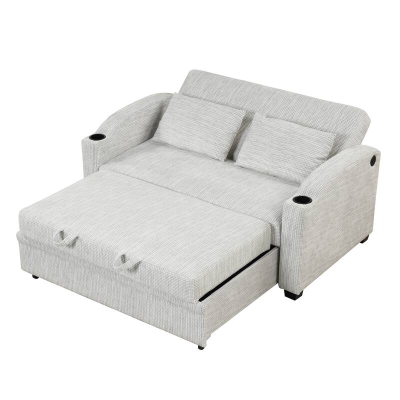 Pull Out Sofa Bed Modern Chenille Convertible Loveseat Sofa With Adjsutable Backrest, 2 Pillows, Cup Holders, Usb Ports