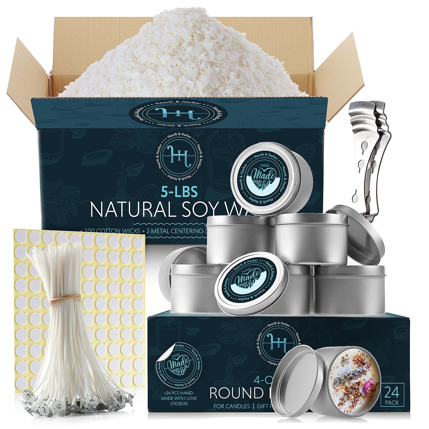 Hearth & Harbor Soy Candle Making Kit - Natural Soy Wax, Tins, Melting Pot, Cotton Wicks, Metal Centering Tool, and More - Multi