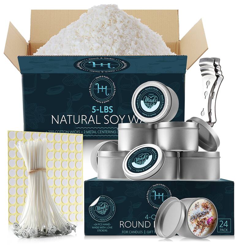 Hearth & Harbor Natural Soy Wax and DIY Candle Making Supplies - Wax Flakes, Candle Tins, Cotton Wicks, and 2 Centering Devices - 5Lbs Wax + 24 4oz Candle Tins