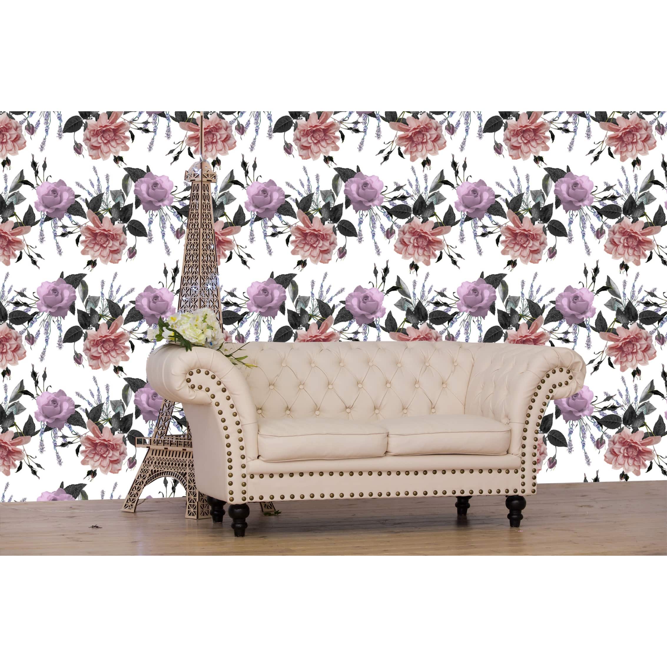 Peach and Lilac Roses Peel and Stick Wallpaper 10'ft H x 24''inch W