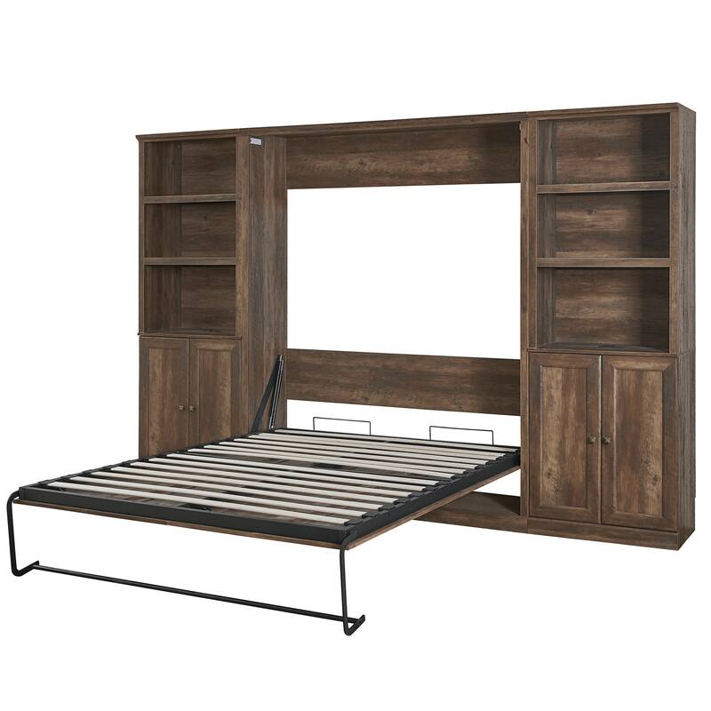 Half Self-Close and Open Murphy Bed with 2 Side Cabinet Storage Shelf