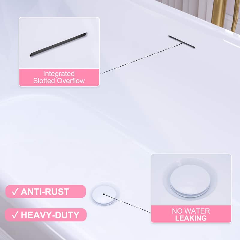 66'' W,73 GALLONS Freestanding Acrylic Soaking Bathtub With Drain And Overflow Holes
