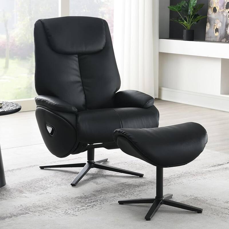Top Grain Leather Upholstered Swivel Accent Chair with Ottoman in Black