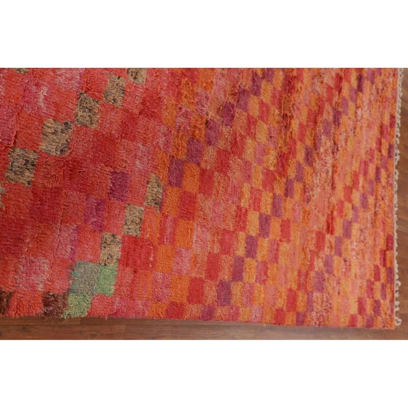Coral Checkered Moroccan Area Rug Hand-Knotted Wool Carpet - 8'11" x 12'7"