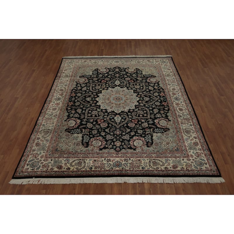 Hand Knotted Oriental 100% Wool Carpet Traditional Floral Black Tabriz Area Rug - 10' 5'' X 7' 10''