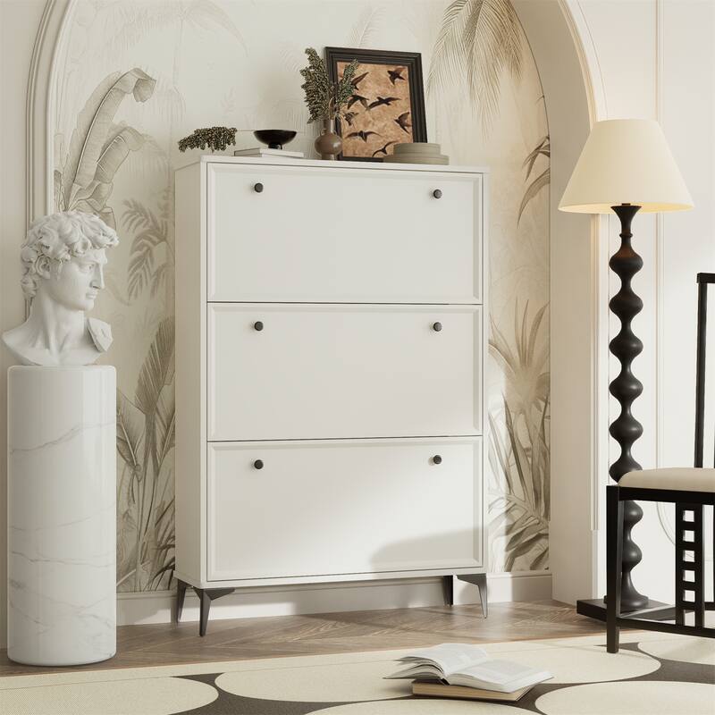 31.5" Wood Hidden Shoe Cabinet with 3 Flip Drawers and Legs